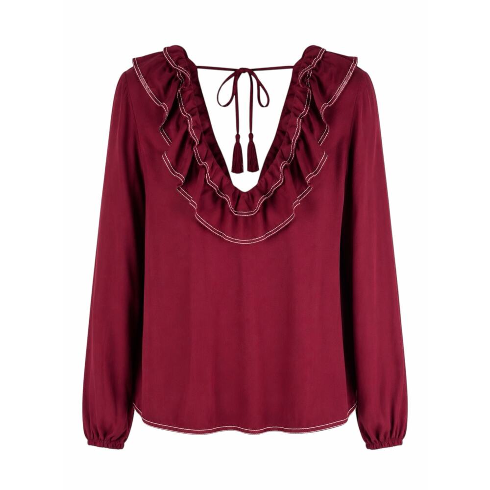 Tularosa Heather Blouse Ruffle Collar Tassel Tie Back Red Size L